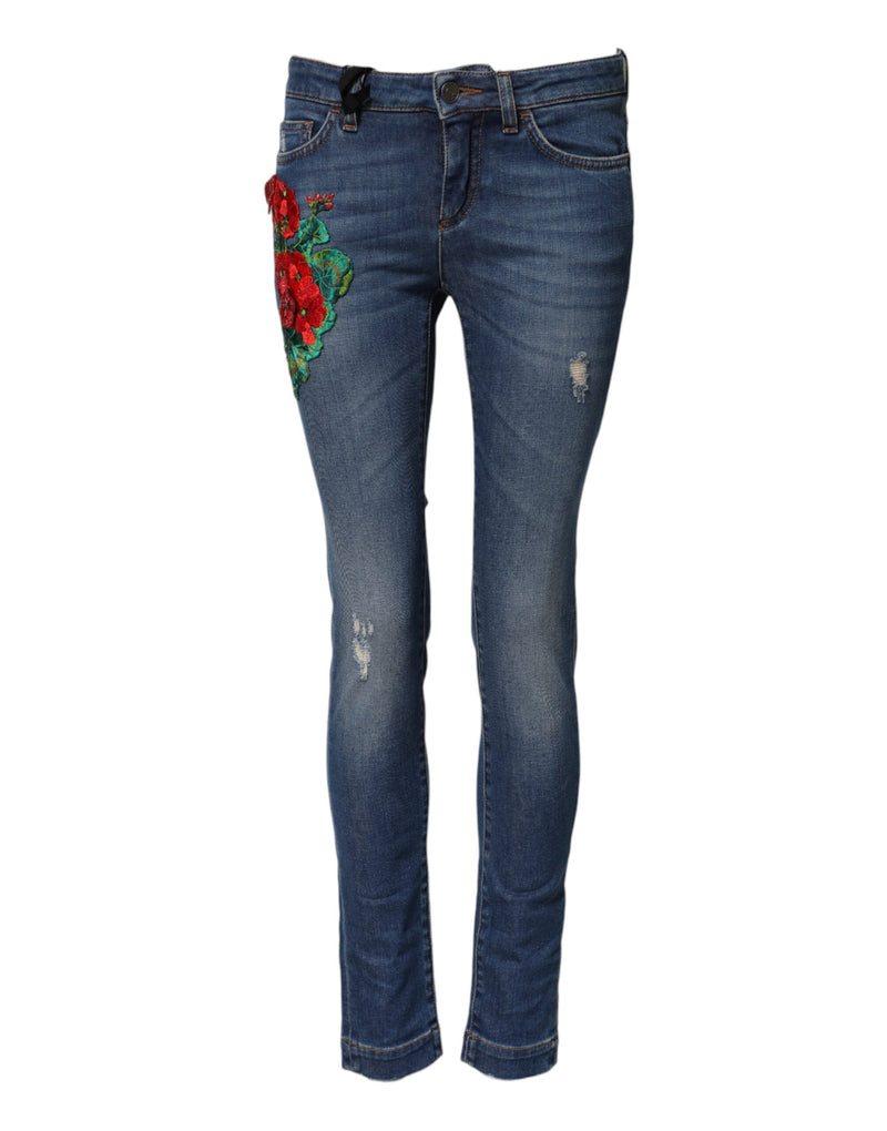 Jeans ajustados de mezclilla azul de algodón de cintura media de Dolce & Gabbana