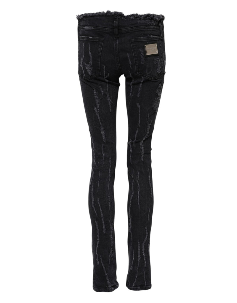 Dolce & Gabbana Black Cotton Tattered Skinny Denim Jeans
