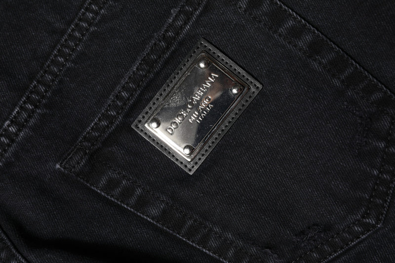 Jeans de mezclilla negra de algodón desgastados de cintura media de Dolce & Gabbana
