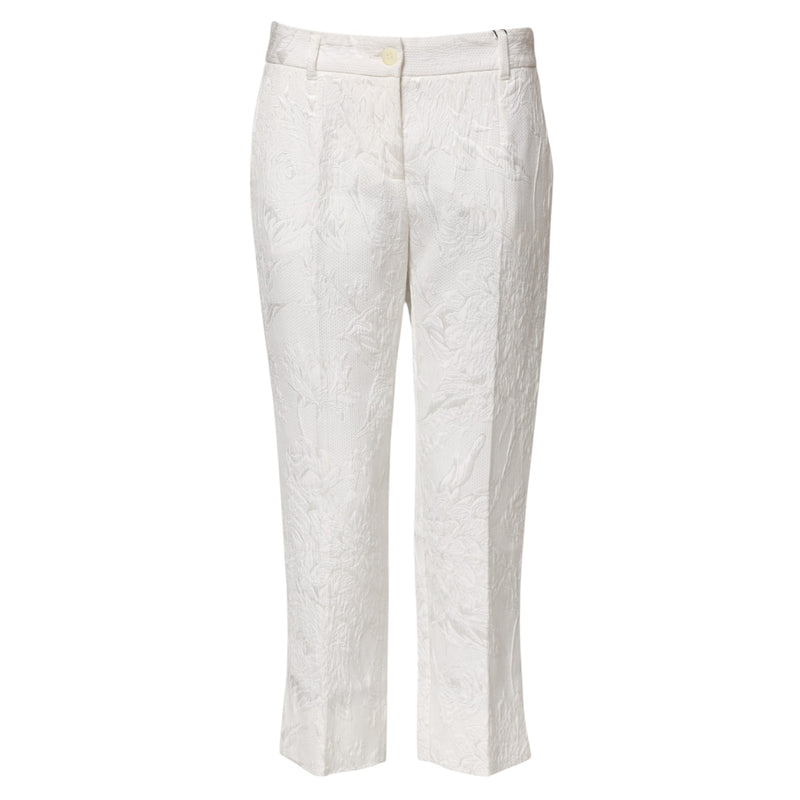 Dolce & Gabbana White Cotton Floral Jacquard Pants