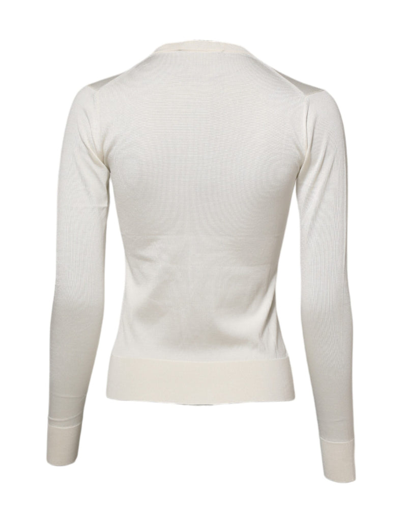 Dolce & Gabbana White Silk Lily Embellished Cardigan Sweater