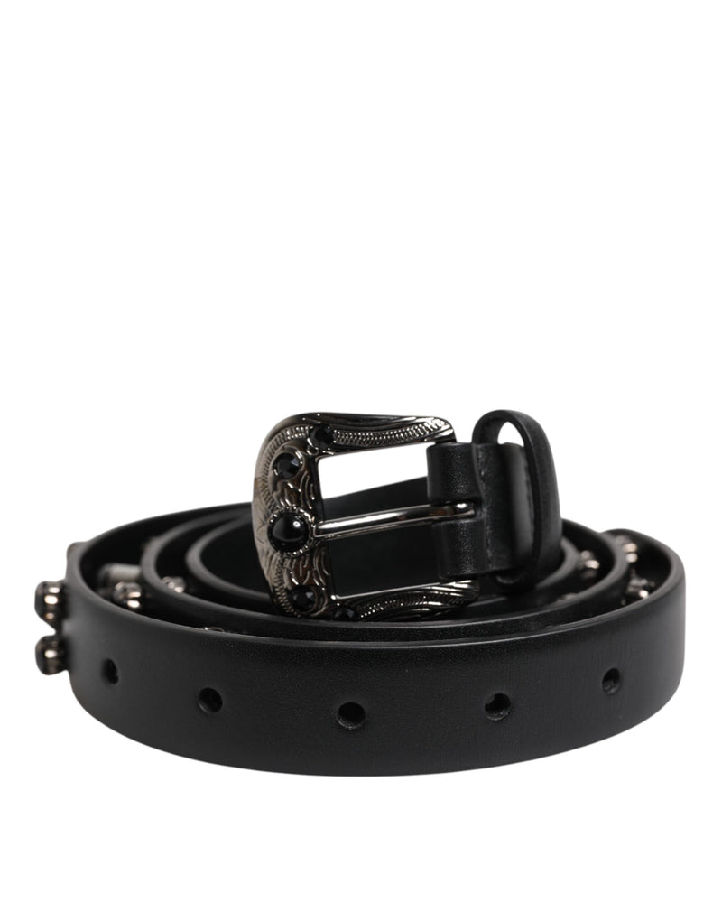 Dolce & Gabbana Black Studded Leather Metal Logo Buckle Belt