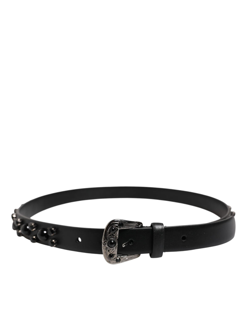 Dolce & Gabbana Black Studded Leather Metal Logo Buckle Belt