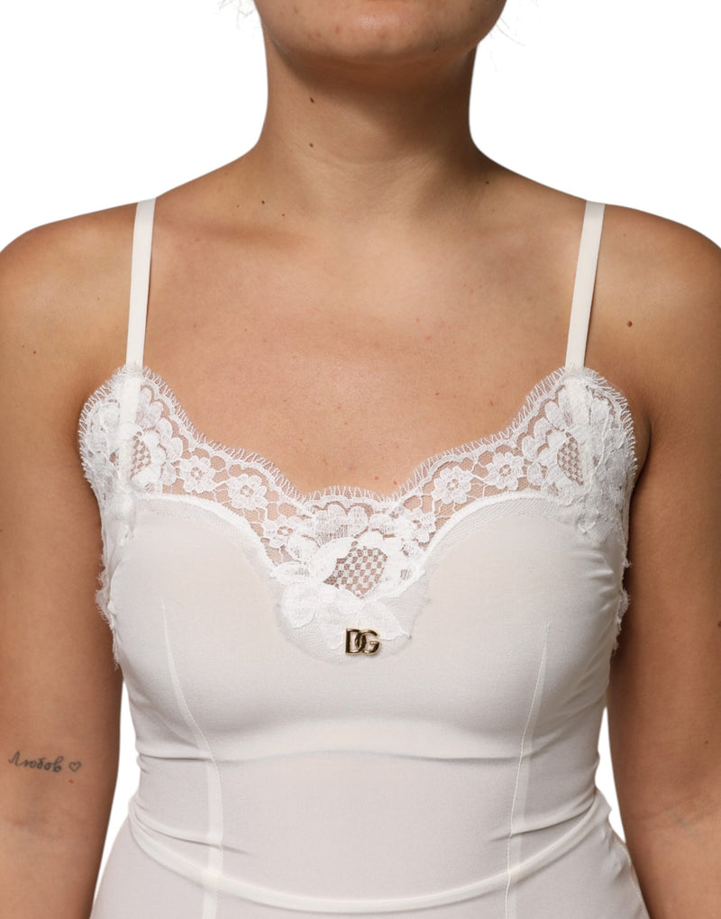 Camisa de dormir Dolce & Gabbana blanca de seda, con encaje y logo DG dorado