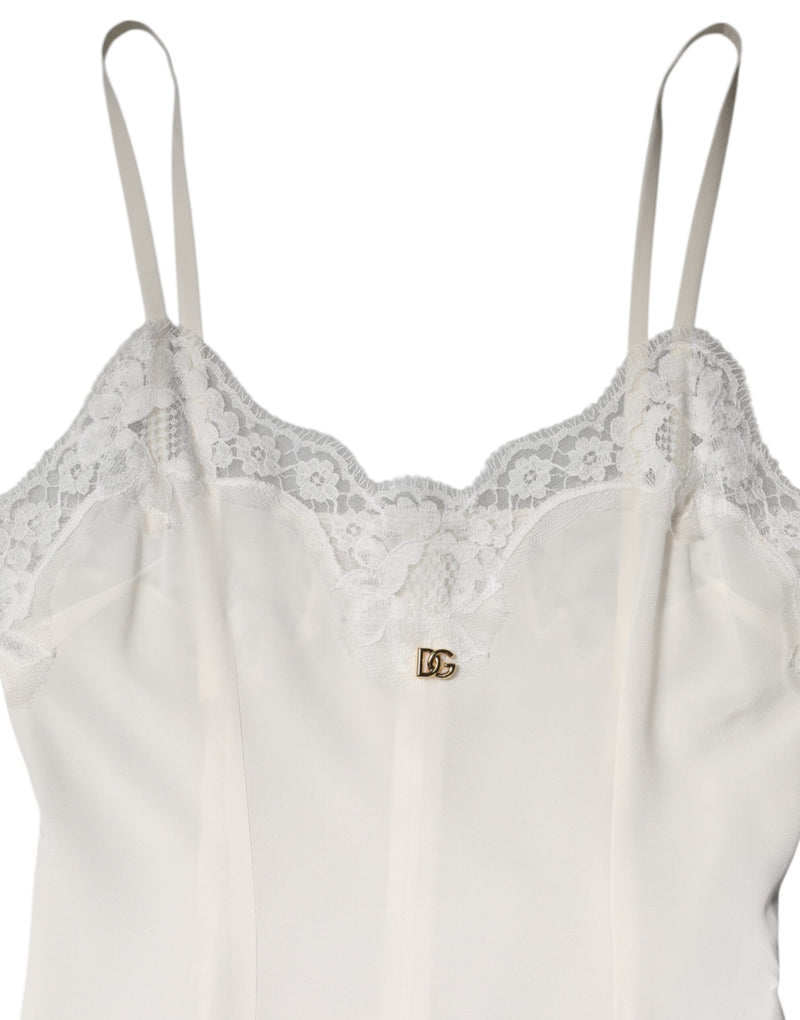 Camisa de dormir Dolce & Gabbana blanca de seda, con encaje y logo DG dorado