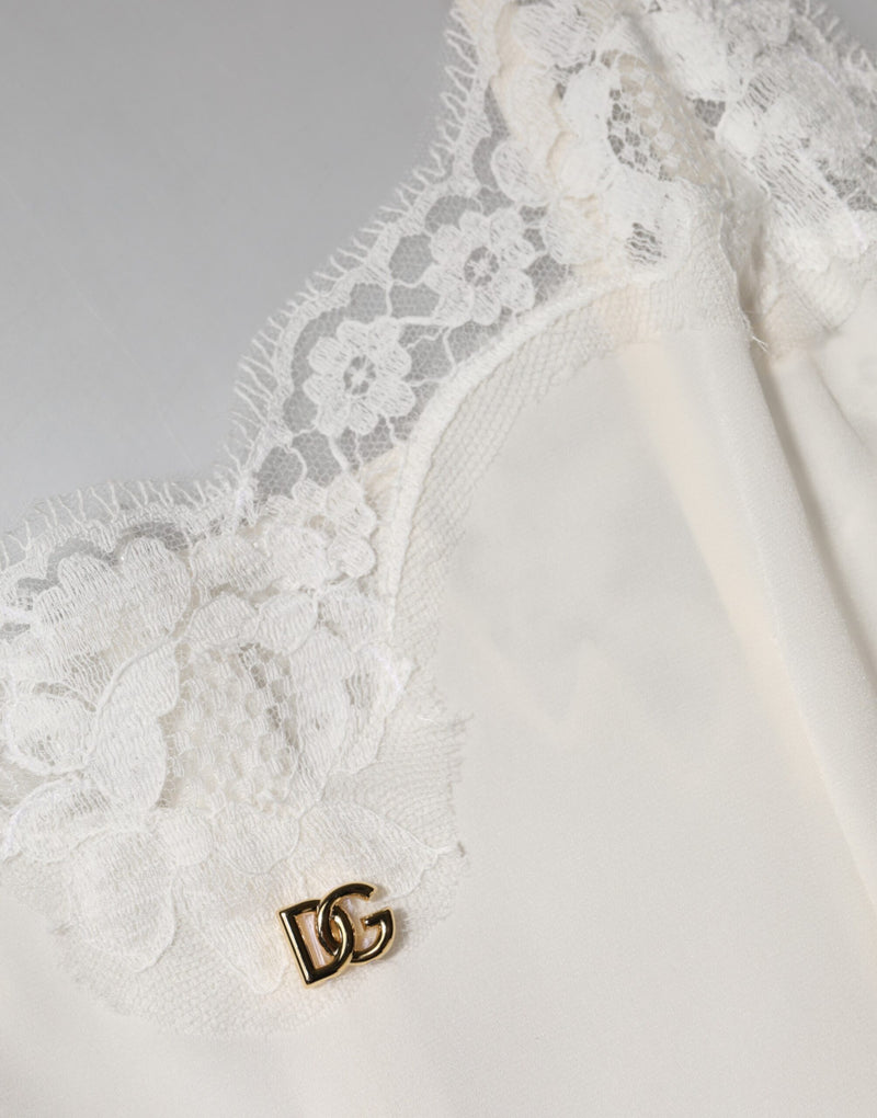 Camisa de dormir Dolce & Gabbana blanca de seda, con encaje y logo DG dorado