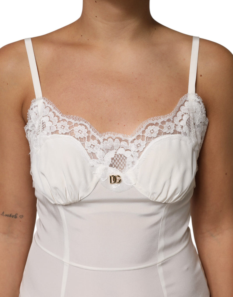 Robe de nuit blanche en soie avec dentelle et logo DG Dolce & Gabbana