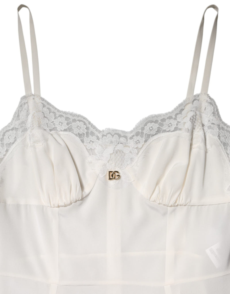 Robe de nuit blanche en soie avec dentelle et logo DG Dolce & Gabbana
