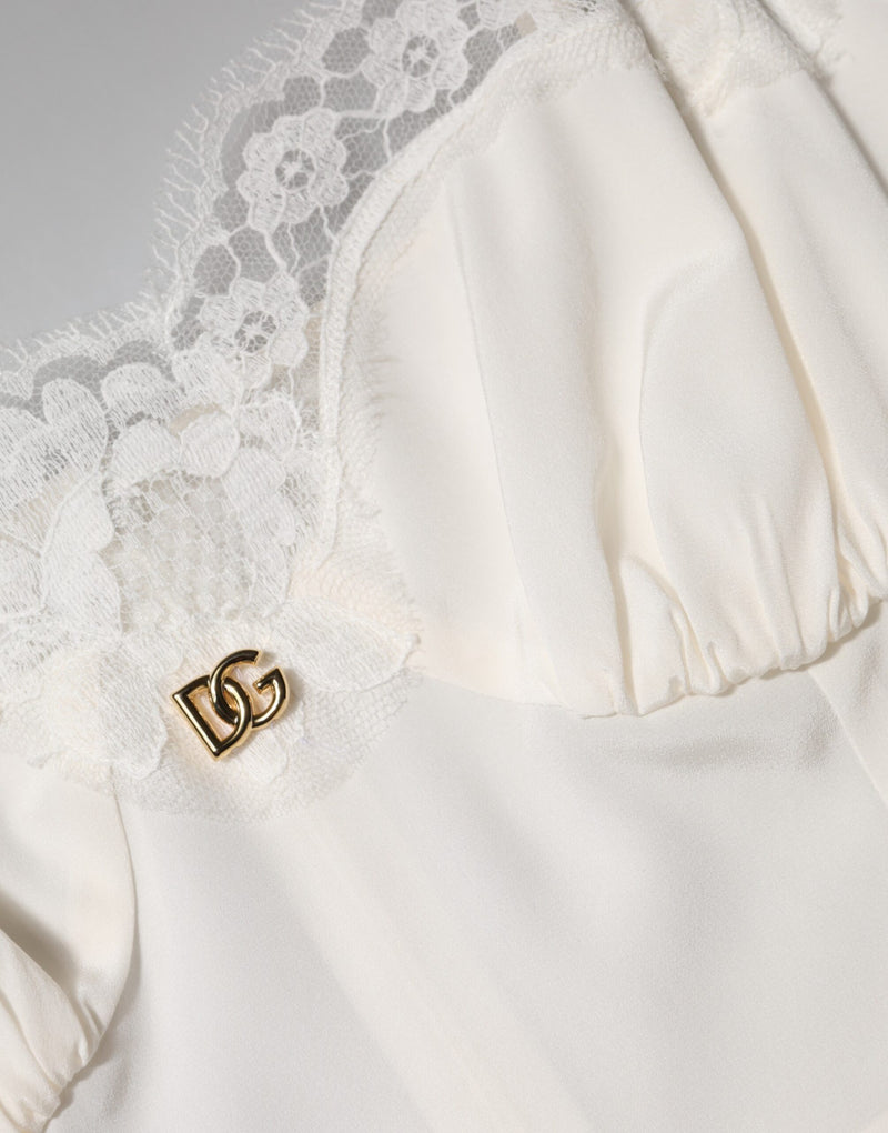 Robe de nuit blanche en soie avec dentelle et logo DG Dolce & Gabbana