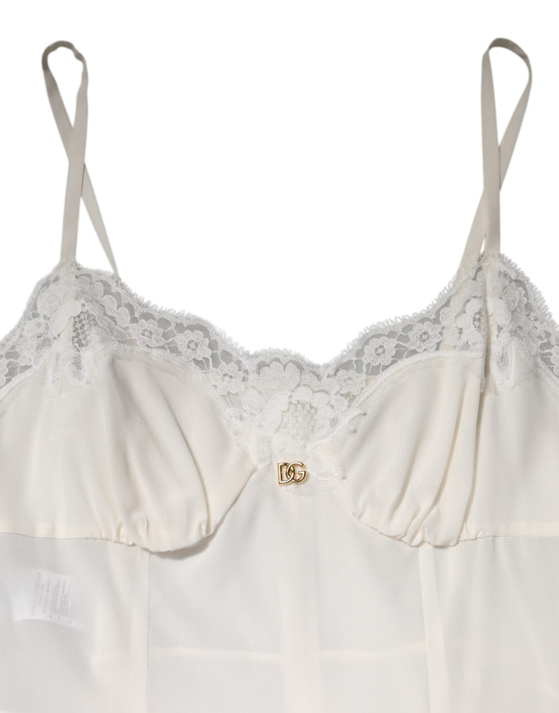 Camisa de dormir Dolce & Gabbana blanca de seda, con encaje y logo DG dorado