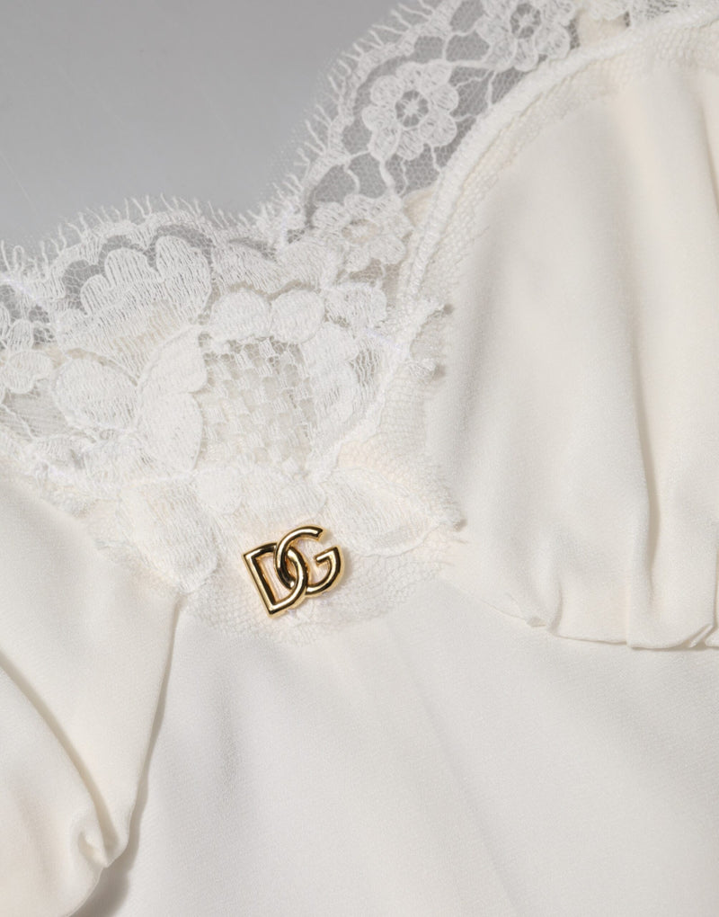 Camisa de dormir Dolce & Gabbana blanca de seda, con encaje y logo DG dorado