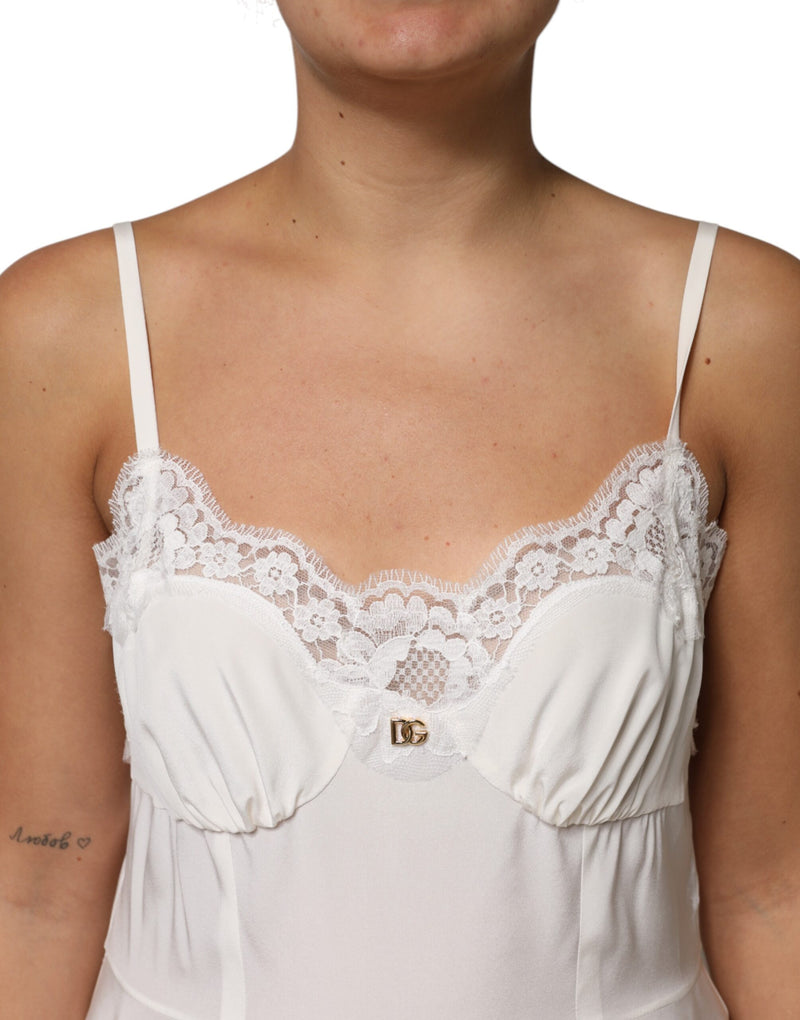 Sottoveste Dolce & Gabbana bianca in seta con pizzo e logo DG dorato, abbigliamento da notte