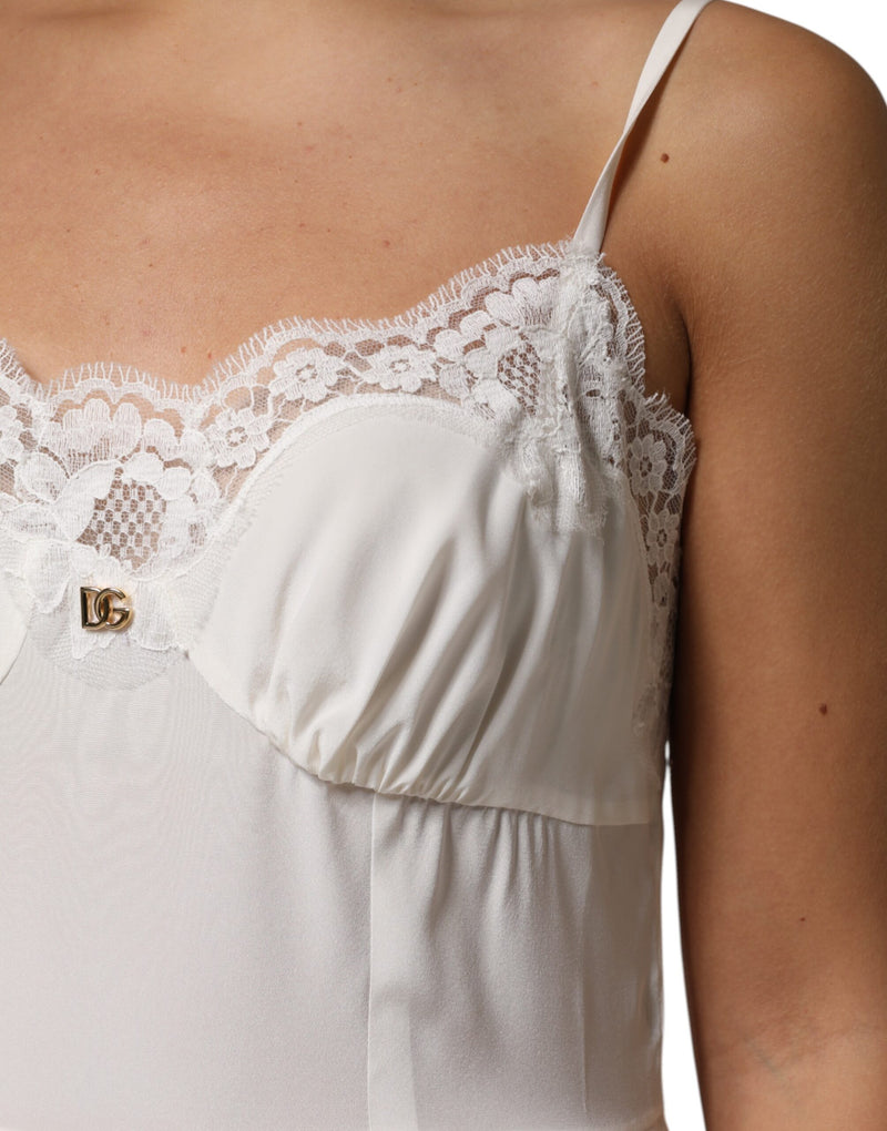 Sottoveste Dolce & Gabbana bianca in seta con pizzo e logo DG dorato, abbigliamento da notte