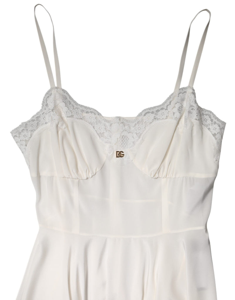 Sottoveste Dolce & Gabbana bianca in seta con pizzo e logo DG dorato, abbigliamento da notte