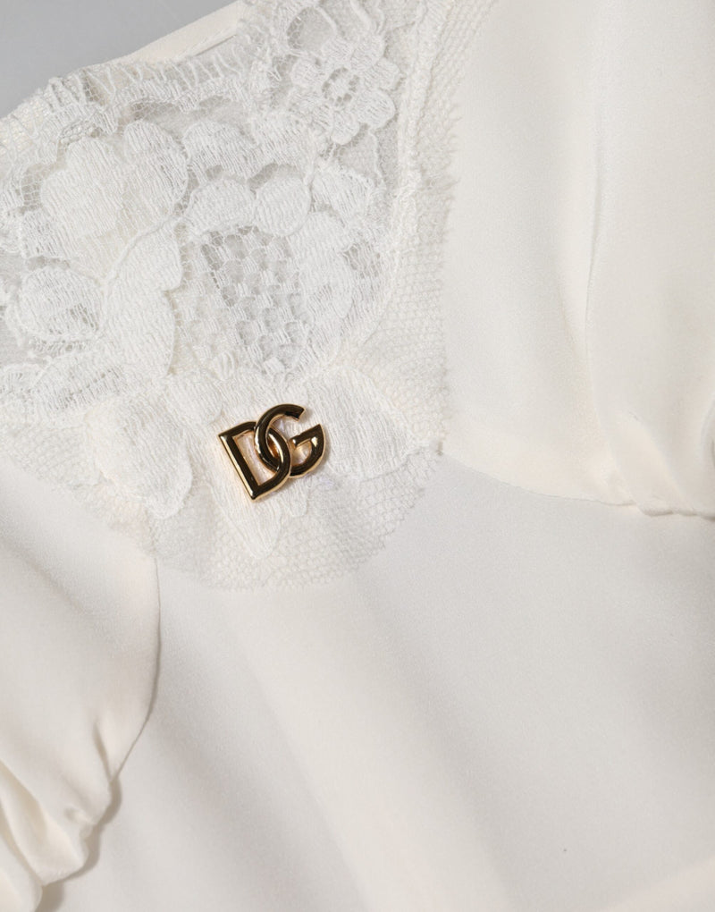 Sottoveste Dolce & Gabbana bianca in seta con pizzo e logo DG dorato, abbigliamento da notte