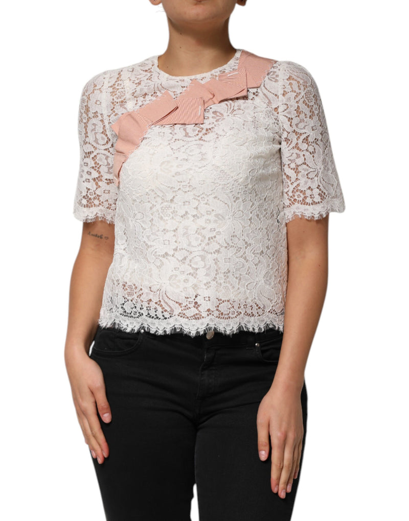 Blusa blanca de manga corta con encaje floral de Dolce & Gabbana