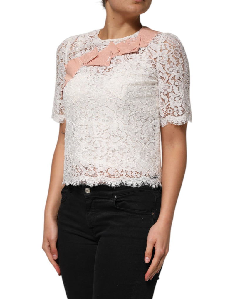 Blusa blanca de manga corta con encaje floral de Dolce & Gabbana
