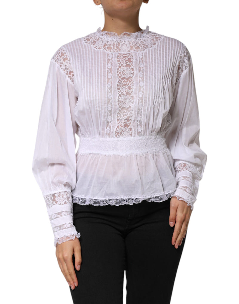 Top bianco a maniche lunghe in cotone e pizzo floreale Dolce & Gabbana