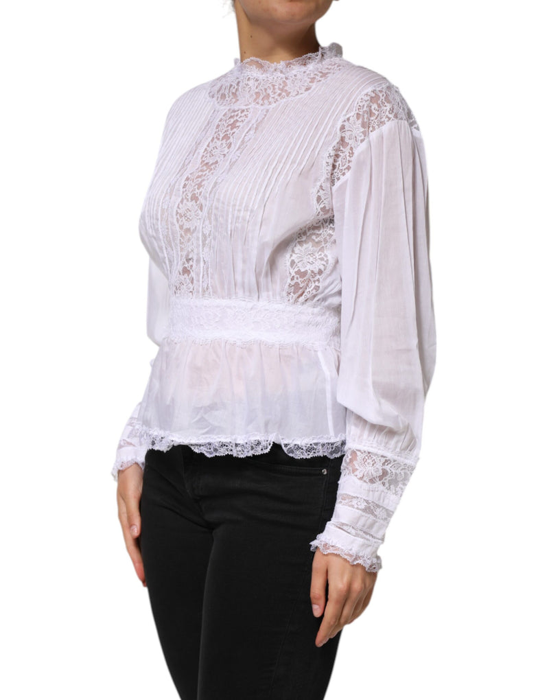 Top bianco a maniche lunghe in cotone e pizzo floreale Dolce & Gabbana