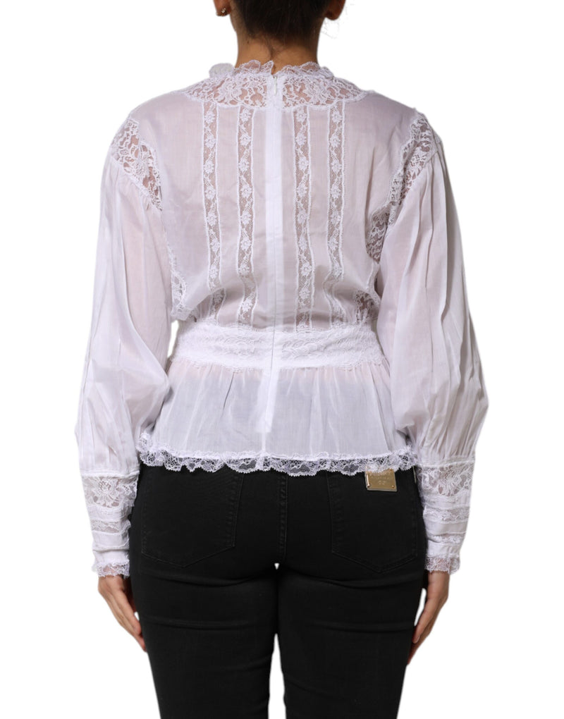 Top bianco a maniche lunghe in cotone e pizzo floreale Dolce & Gabbana