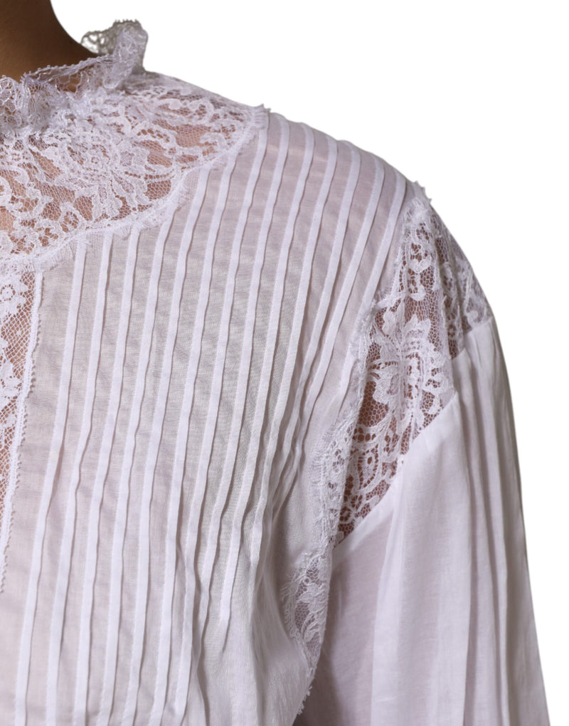 Top bianco a maniche lunghe in cotone e pizzo floreale Dolce & Gabbana