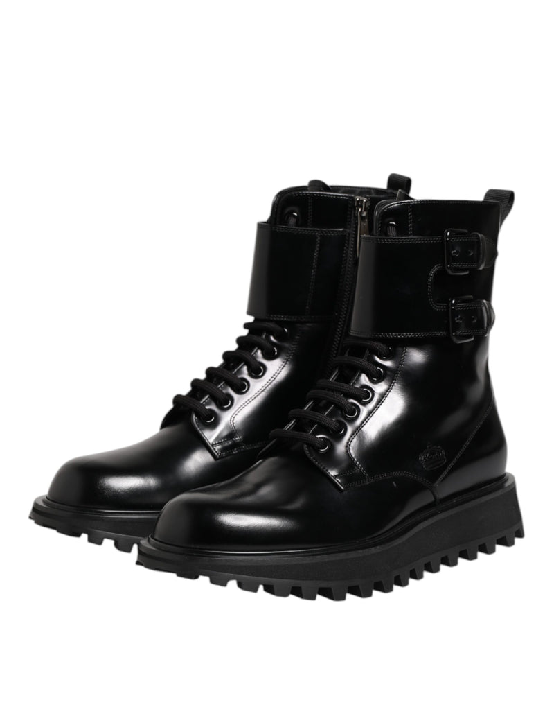 Dolce & Gabbana Black Leather Lace Up Mid Calf Boots Shoes