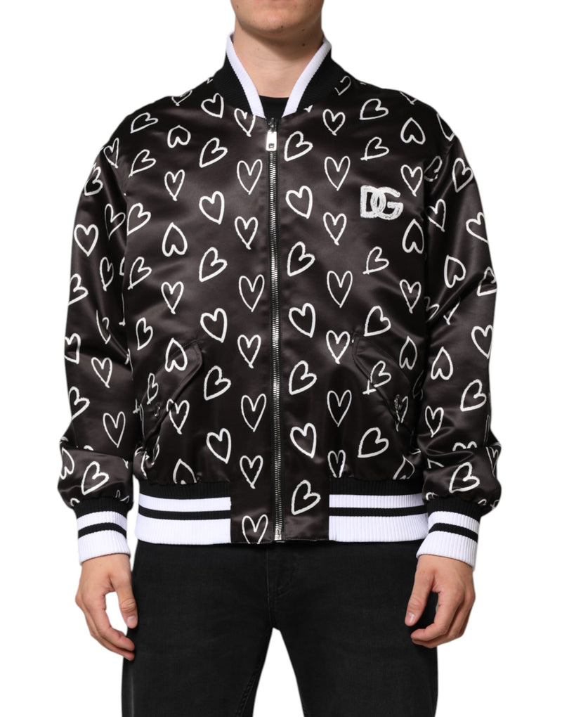 Jaqueta bomber preta de poliéster com estampa de coração Dolce & Gabbana