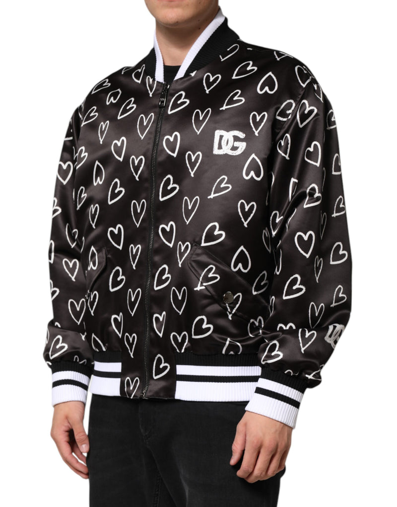 Jaqueta bomber preta de poliéster com estampa de coração Dolce & Gabbana