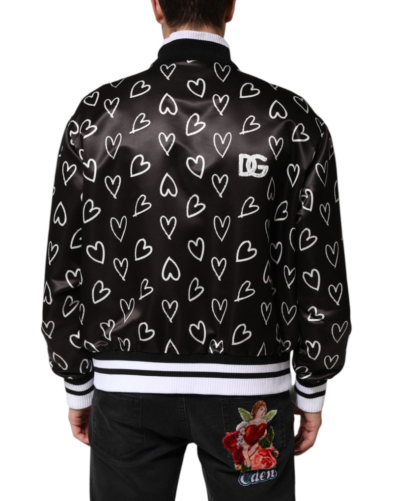 Jaqueta bomber preta de poliéster com estampa de coração Dolce & Gabbana