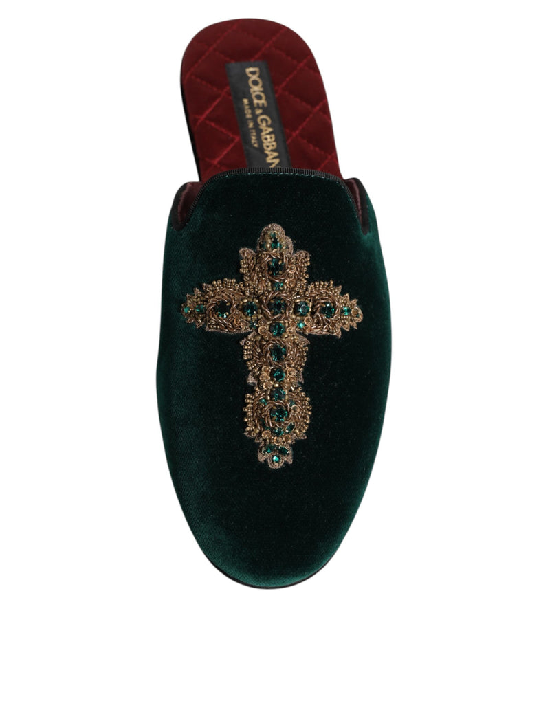 Ciabatte in velluto verde Dolce & Gabbana con croce decorativa