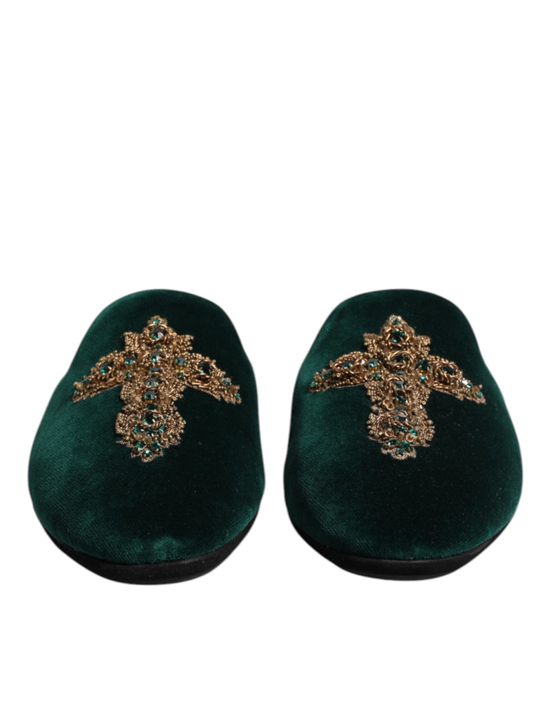 Ciabatte in velluto verde Dolce & Gabbana con croce decorativa