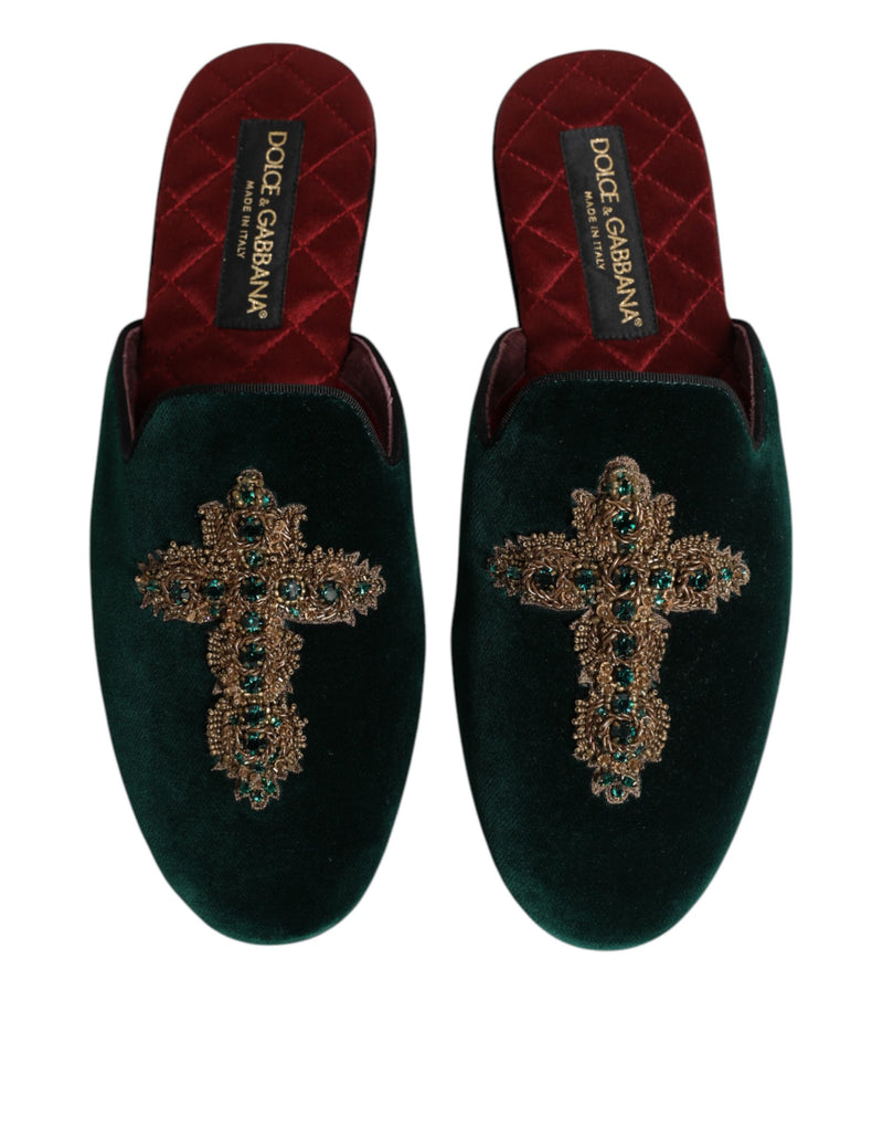 Ciabatte in velluto verde Dolce & Gabbana con croce decorativa