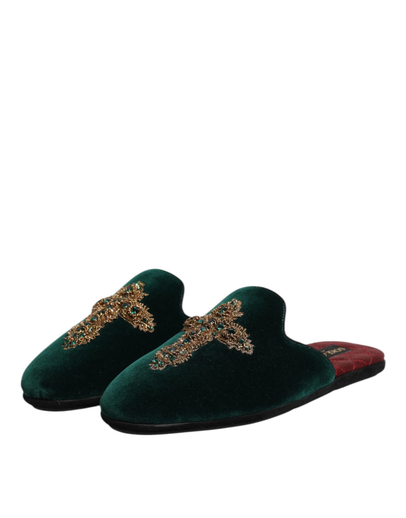 Ciabatte in velluto verde Dolce & Gabbana con croce decorativa