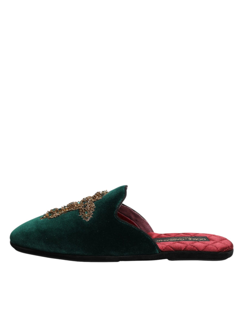 Ciabatte in velluto verde Dolce & Gabbana con croce decorativa