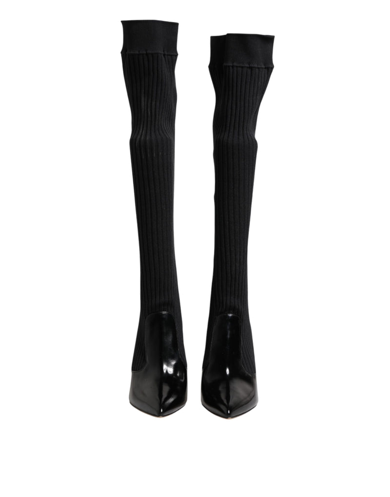 Bottes hautes en cuir noir à maille côtelée Dolce & Gabbana