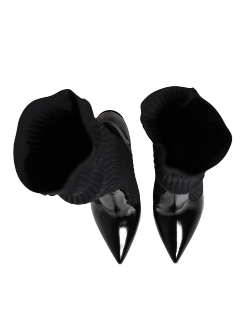 Bottes hautes en cuir noir à maille côtelée Dolce & Gabbana