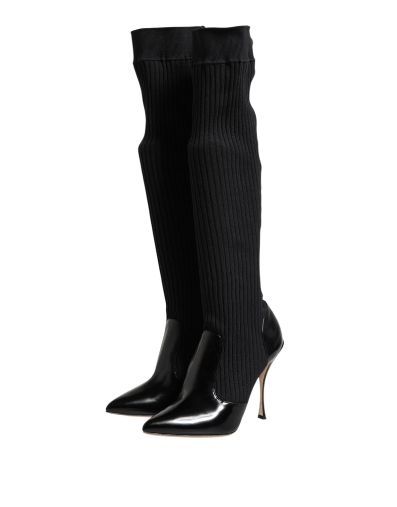 Bottes hautes en cuir noir à maille côtelée Dolce & Gabbana
