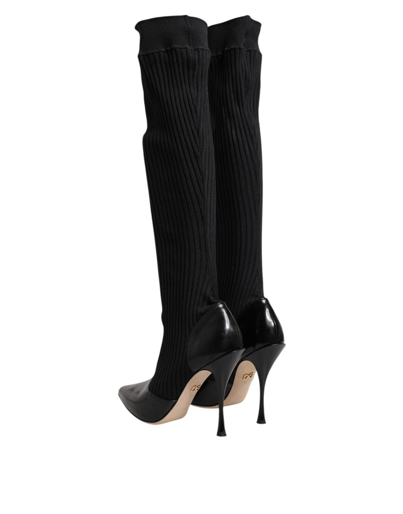 Bottes hautes en cuir noir à maille côtelée Dolce & Gabbana