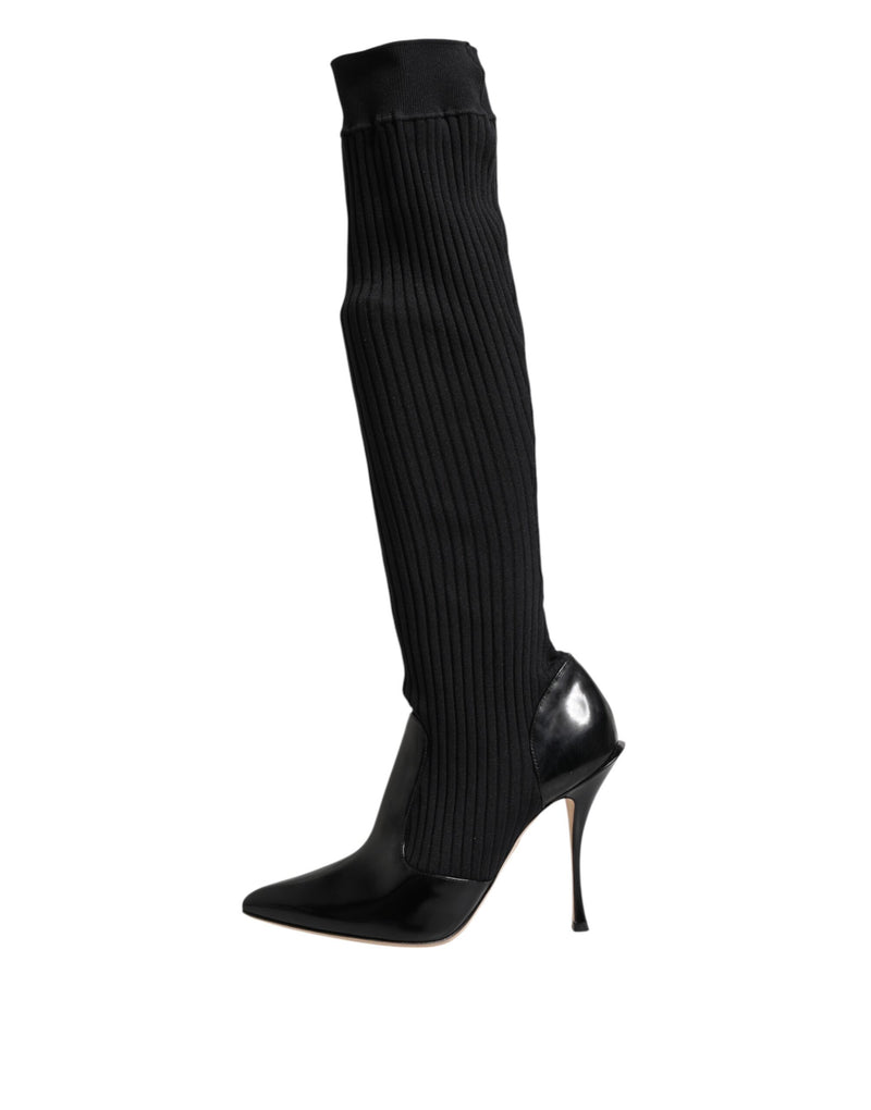 Bottes hautes en cuir noir à maille côtelée Dolce & Gabbana