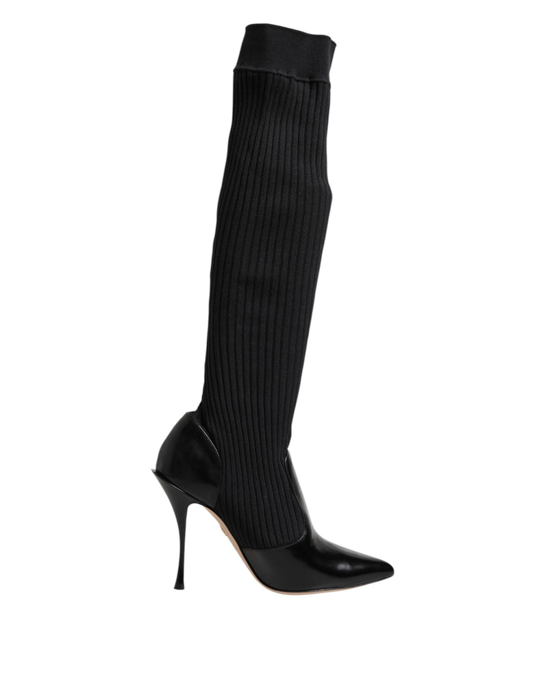 Bottes hautes en cuir noir à maille côtelée Dolce & Gabbana