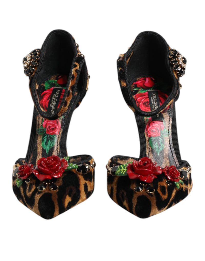Escarpins marron à imprimé léopard et roses en cristal Dolce & Gabbana