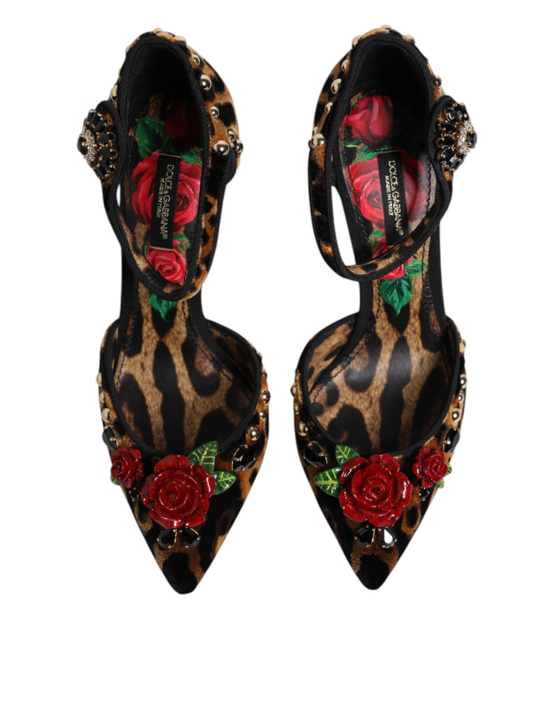 Escarpins marron à imprimé léopard et roses en cristal Dolce & Gabbana