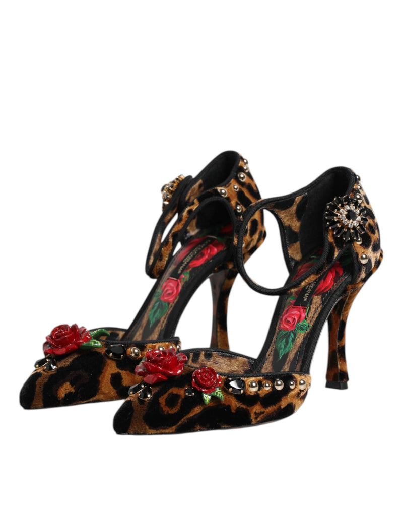 Escarpins marron à imprimé léopard et roses en cristal Dolce & Gabbana