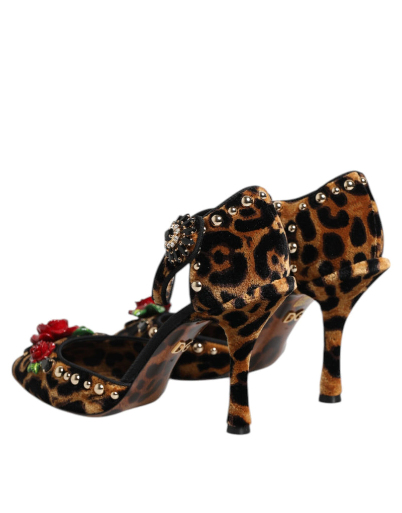 Escarpins marron à imprimé léopard et roses en cristal Dolce & Gabbana