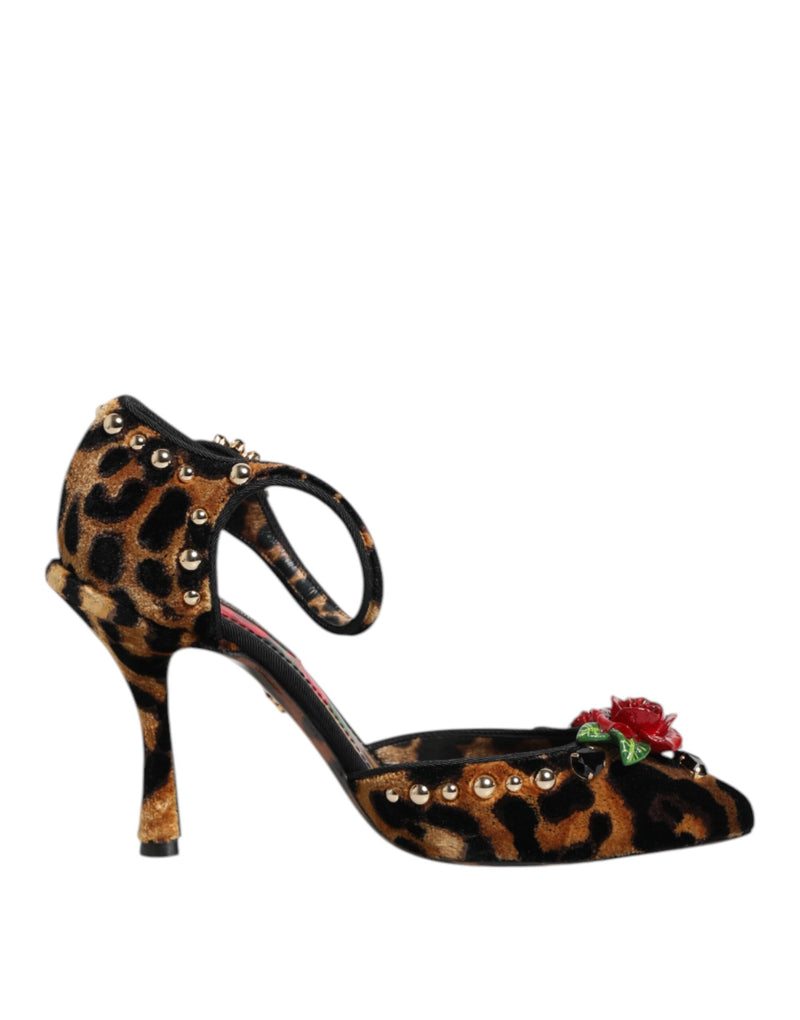 Escarpins marron à imprimé léopard et roses en cristal Dolce & Gabbana
