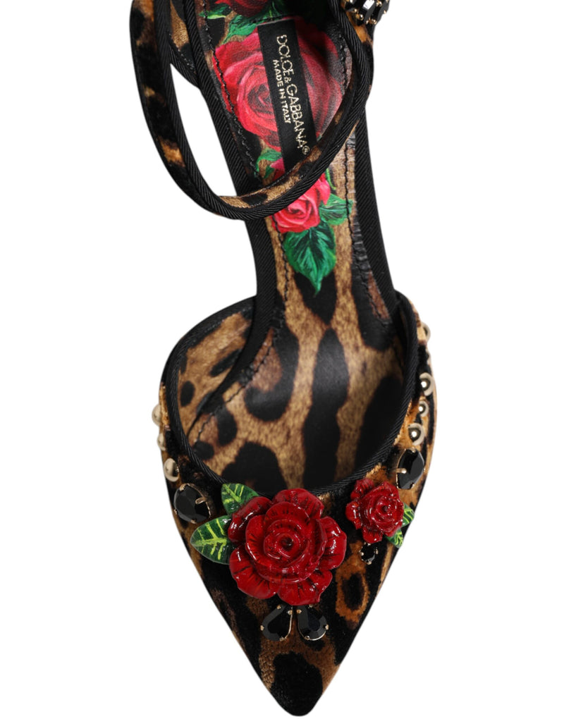 Escarpins marron à imprimé léopard et roses en cristal Dolce & Gabbana