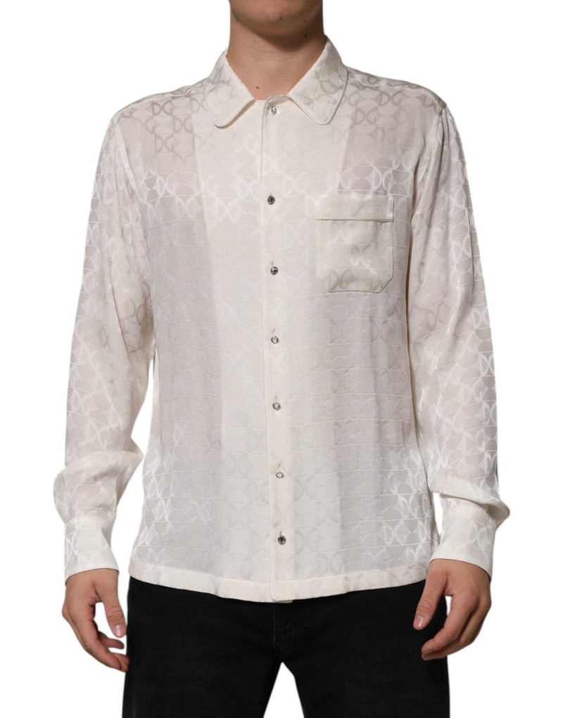 Dolce & Gabbana Camicia bianca in seta a maniche lunghe con stampa del logo DG