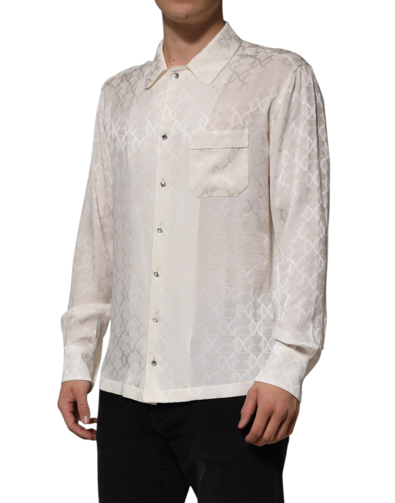 Dolce & Gabbana Camicia bianca in seta a maniche lunghe con stampa del logo DG