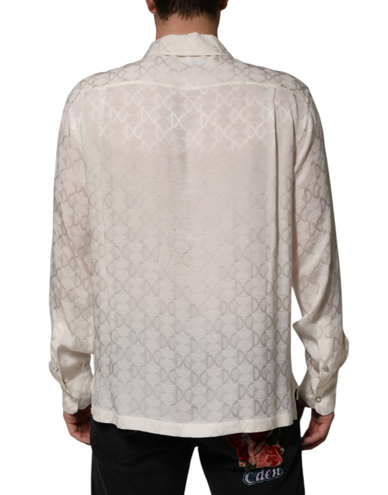 Dolce & Gabbana Camicia bianca in seta a maniche lunghe con stampa del logo DG