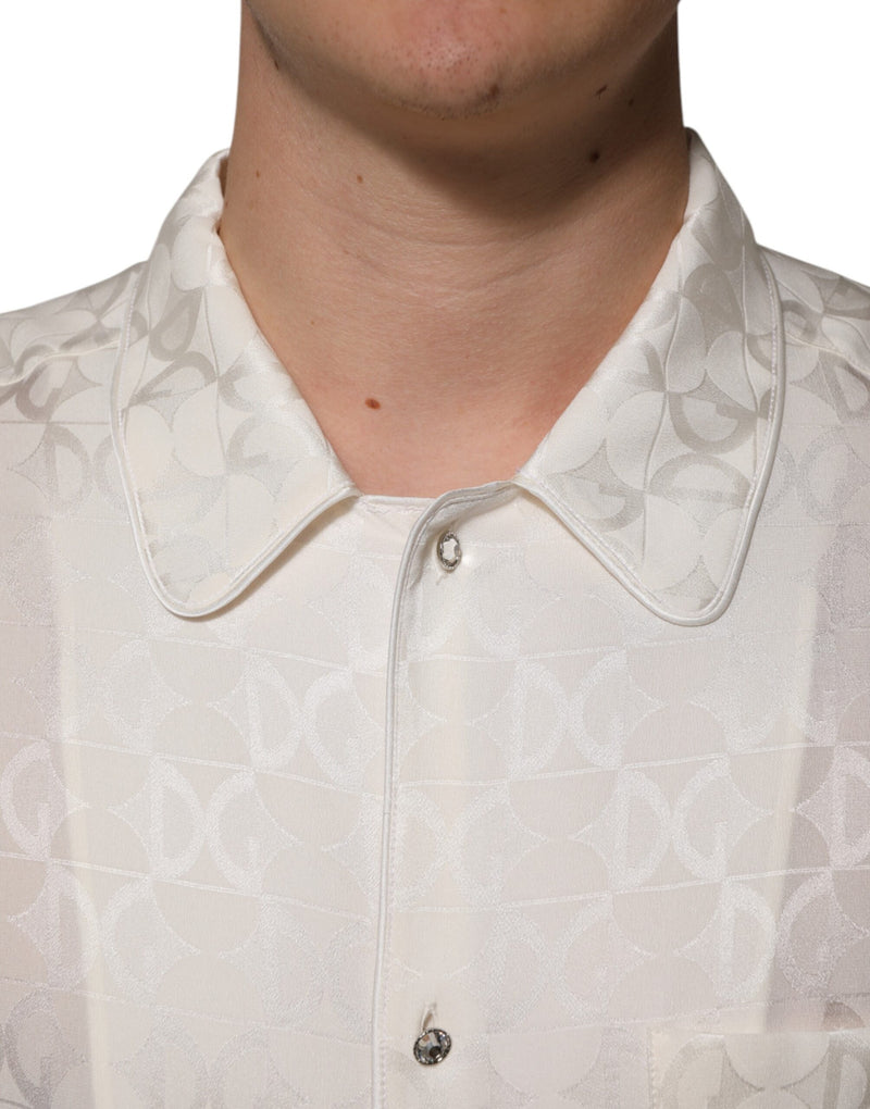Dolce & Gabbana Camicia bianca in seta a maniche lunghe con stampa del logo DG